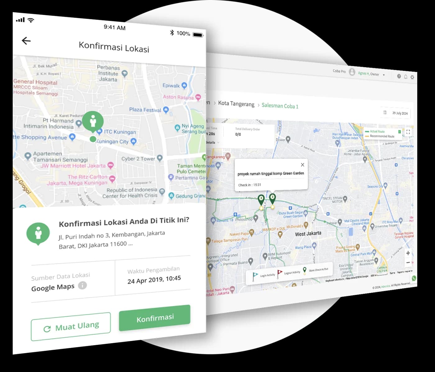 Tampilan Tracking Salesman di web dan aplikasi Distri