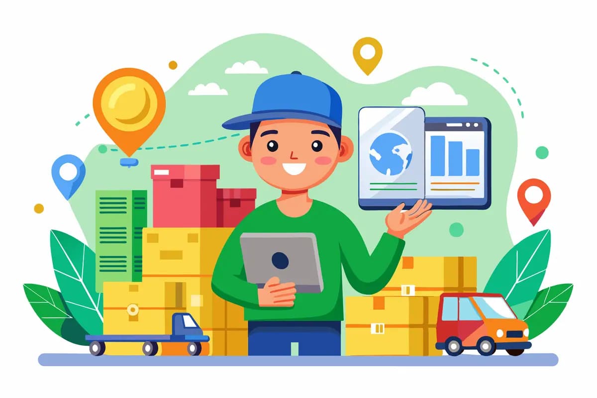 A cheerful character holds a tablet displaying global statistics amidst colorful boxes and vehicles in a dynamic warehouse environment.