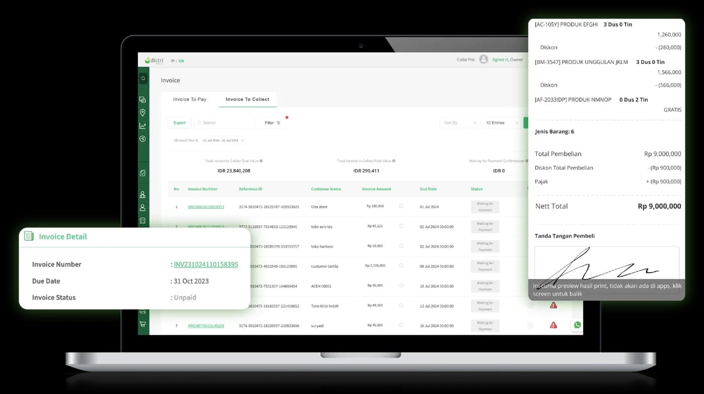 Van sales payments and invoices in Distri