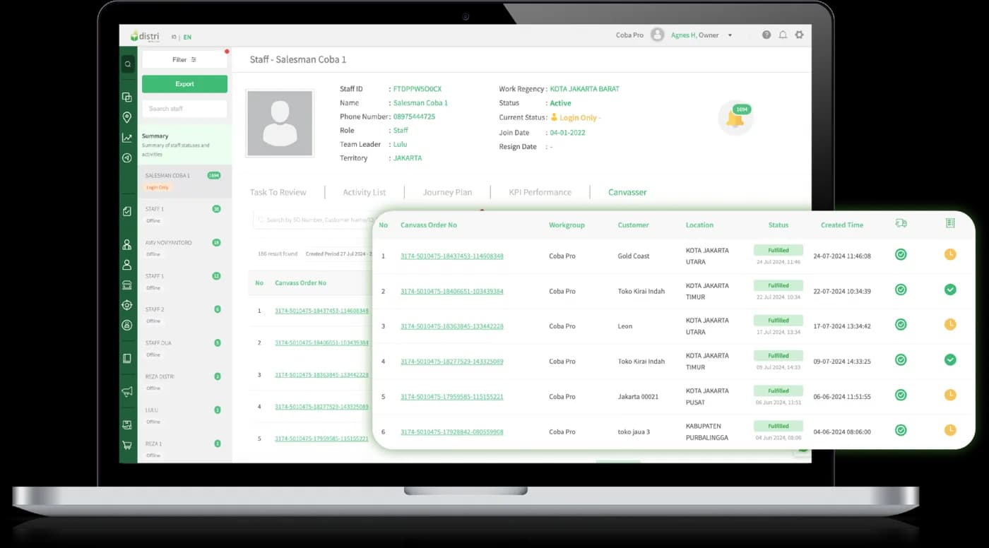 Van stock management in the Distri app