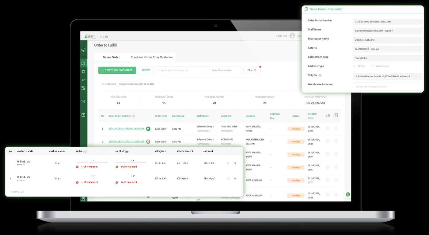 Sales order screens in the Distri web portal and app