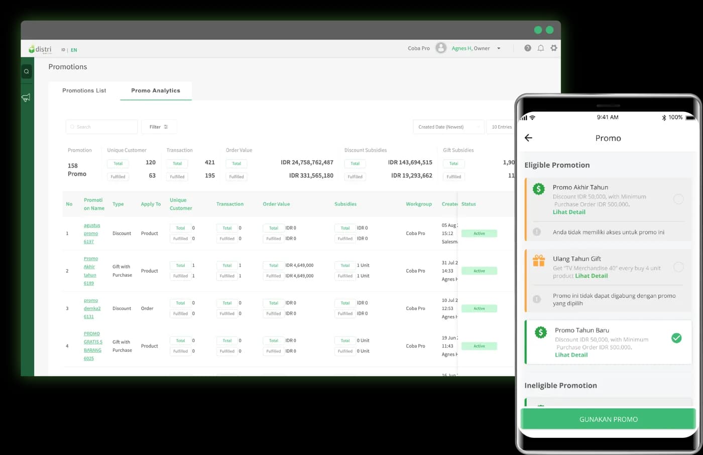 Products and promotions in the Distri app